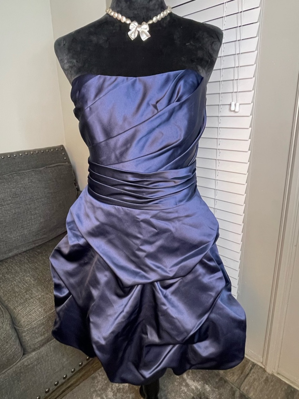 Navy Satin Strapless Cocktail Dress | Ruched Waist Bubble Hem | Size M/L (10)